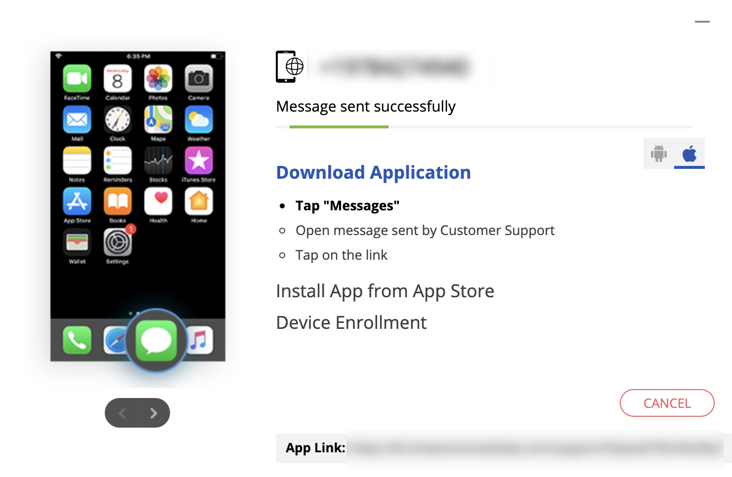 This screenshot shows the RemoteHelp console tab directly after you initiate a connection to an iOS device, where it prompts the end user to download the RemoteHelp app. This screenshot shows the RemoteHelp console tab directly after you initiate a connection to an iOS device, where it prompts the end user to download the RemoteHelp app.