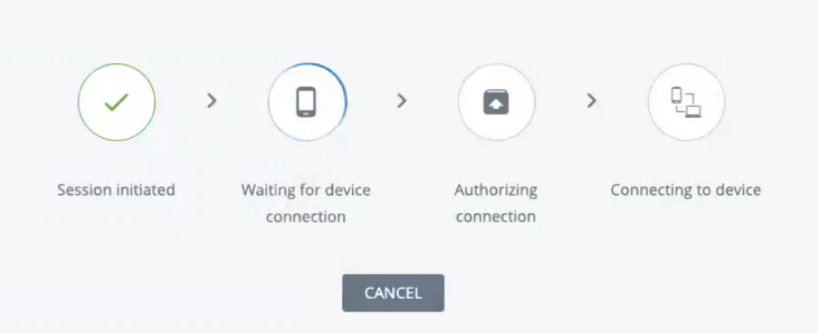 This screenshot shows the session connection progress, which is the step taken after the end user device enrolls into Omnissa RemoteHelp. This screenshot shows the session connection progress, which is the step taken after the end user device enrolls into Omnissa RemoteHelp.
