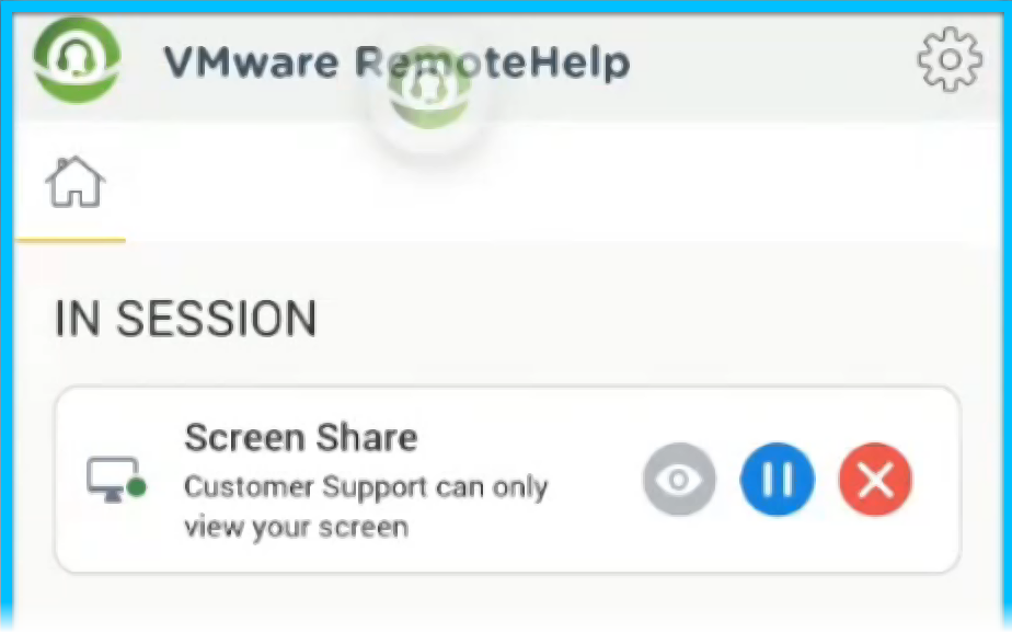 This screenshot demonstrates the blue "halo" that surrounds the screen when a RemoteHelp session is active. It also shows the flotilla icon, which you can click to pause and end active sessions when the toolbar cannot be seen.