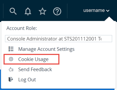 This partial screenshot shows the Username Account drop down menu when you are logged in to your Omnissa Cloud Services account, revealing a "Cookie Usage" selection, allowing you to configure them.