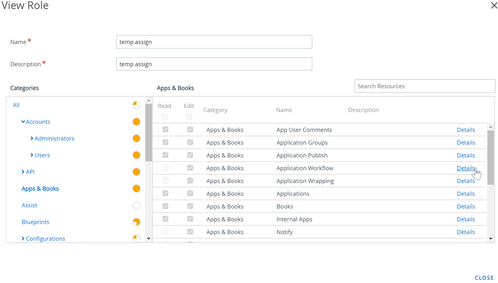 This screenshot is the View Role screen, allowing you to only view role details.