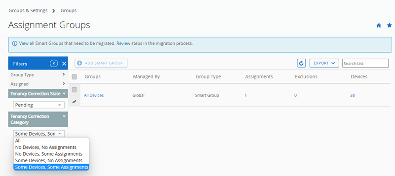 This screenshot is the Assignemnt Groups page displaying groups pending migration and highlighting the 'some devices some assignments' menu selection This screenshot is the Assignemnt Groups page displaying groups pending migration and highlighting the 'some devices some assignments' menu selection