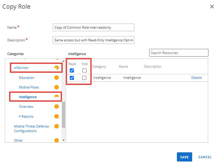 This screenshot shows the Intelligence category on the Copy Role screen, allowing you to set permissions for access to opt-in settings.