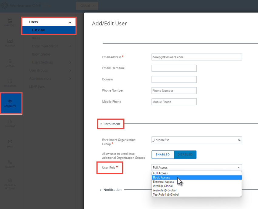 This screenshot shows the Add/Edit User page of the Accounts, Users, List view, which lets you assign and edit roles for existing users.