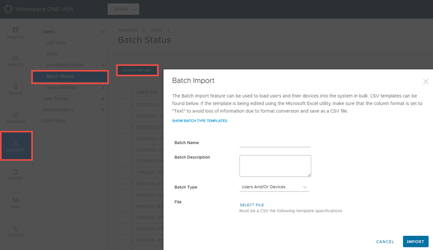 This screenshot shows the Batch Import screen, which enables you to batch import users and devices.