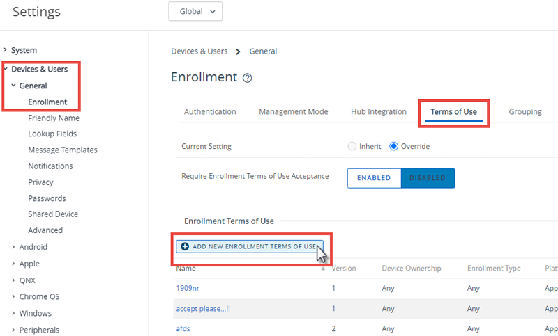 This screenshot shows the Devices Enrollment System Setting with the Terms of Use tab highlighted, which is how you create a new TOU.
