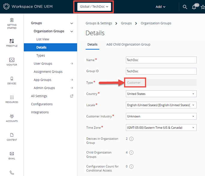 This screenshot shows the Organization Group Details view, which can tell you what the OG's type is.