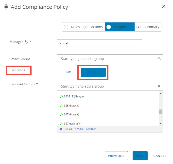 This screenshot shows the Add Compliance Policy dialog which you can use to create a new compliance policy as well as define excluded groups.