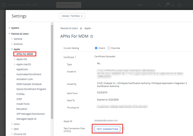 This screenshot shows the APNs for MDM System Setting and the Test Connection button. This screenshot shows the APNs for MDM System Setting and the Test Connection button.