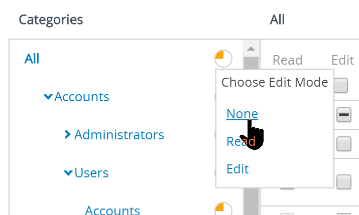 This partial screenshot of the Administrator Roles screen and how you can alter all permissions in a subcategory by selecting the orange pie chart and choosing between none, read, and edit. This partial screenshot of the Administrator Roles screen and how you can alter all permissions in a subcategory by selecting the orange pie chart and choosing between none, read, and edit.