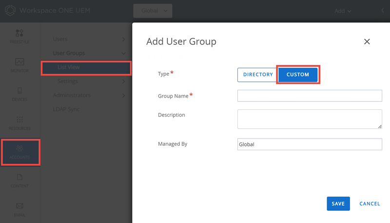 This screenshot shows the User Group List View, Add, which you use to add user groups without directory integration.