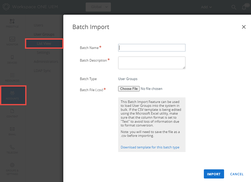 This screenshot shows the Batch Import screen, which enables you to batch import user groups. This screenshot shows the Batch Import screen, which enables you to batch import user groups.