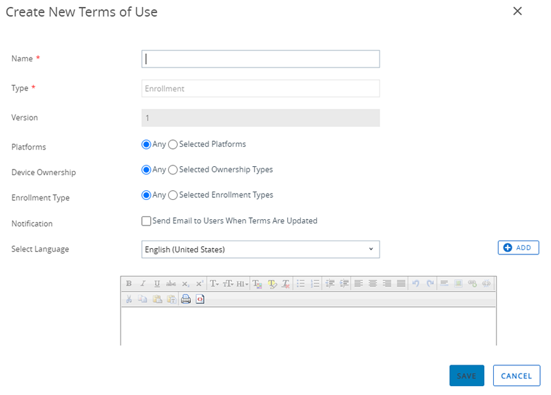 This screenshot shows the Create New Terms of Use panel from the Device Enrollment System Setting, which is what you fill out to add a new enrollment TOU. This screenshot shows the Create New Terms of Use panel from the Device Enrollment System Setting, which is what you fill out to add a new enrollment TOU.
