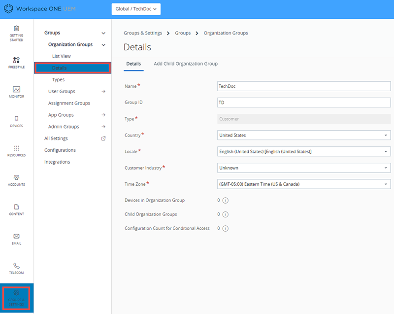 This screenshot shows the Details view of the Organization Groups page, which you use to add child OGs.