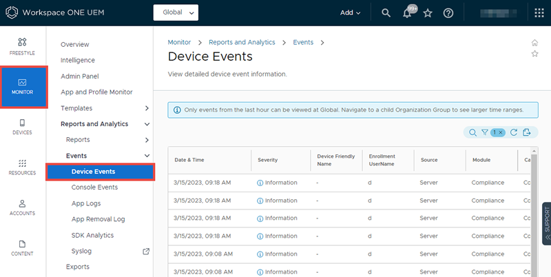 This screenshot shows the Device Events page, which enables you to review the device event log.