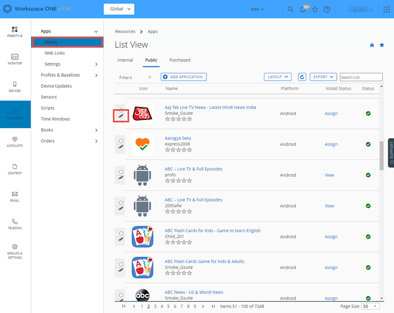 This screenshot shows the Public Applications List View, which you can go to to assign smart groups to native apps.