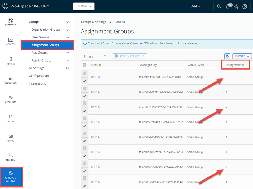 This screenshot shows how you can invoke the View Assignments page, by selecting non-zero numbers in the Assignments, Exclusions, and Devices columns.