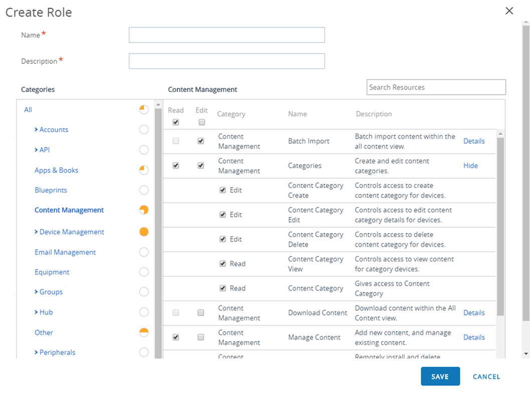 This screenshot features the Create Role screen with Categories on the left and searchable Content Management on the right. This screenshot features the Create Role screen with Categories on the left and searchable Content Management on the right.