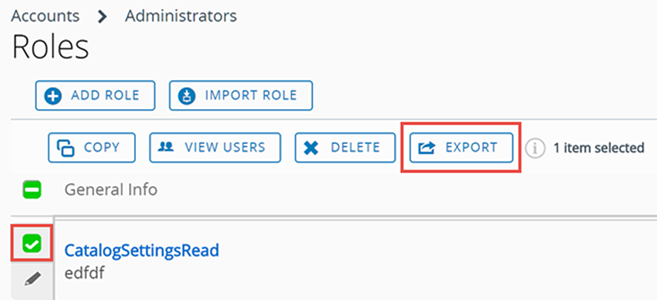 This screenshot shows the button cluster that displays when an admin role is selected, highlighting the Export function. This screenshot shows the button cluster that displays when an admin role is selected, highlighting the Export function.