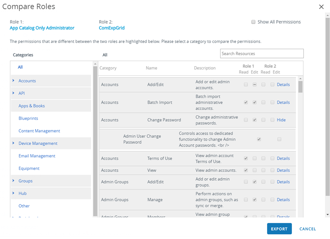 The screenshot of the Compare Roles page shows Categories on the left and searchable resource descriptions on the right. The screenshot of the Compare Roles page shows Categories on the left and searchable resource descriptions on the right.