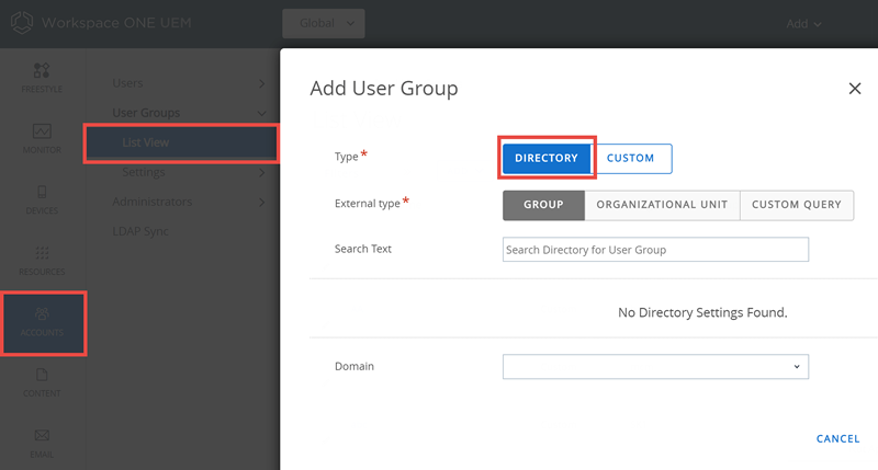 This screenshot shows the User Group List View, Add, which you use to add user groups with directory integration.