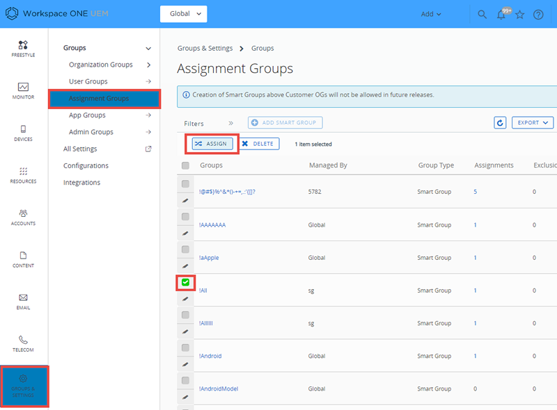 This screenshot shows the Assignment Groups list view which you can use to assign smart groups immediately after making them. This screenshot shows the Assignment Groups list view which you can use to assign smart groups immediately after making them.