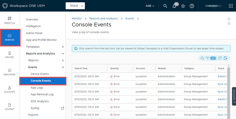 This screenshot shows the Console Events page, which enables you to review the console event log.