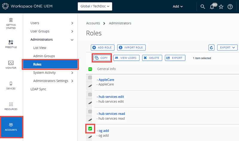 This screenshot shows the Accounts, Administrator Roles page with a role selected and the Copy button highlighted. This screenshot shows the Accounts, Administrator Roles page with a role selected and the Copy button highlighted.