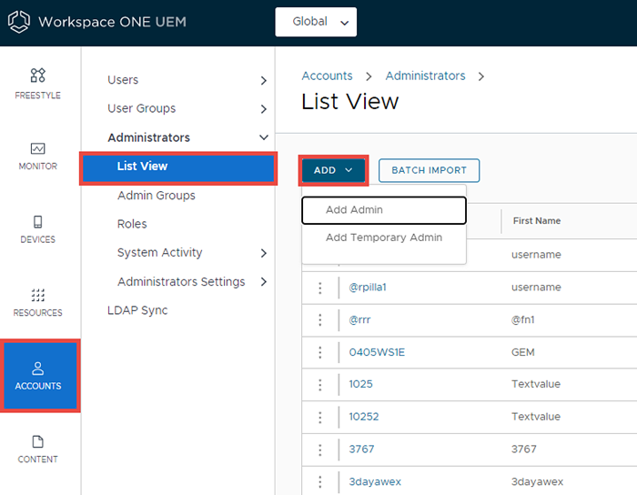 This screenshot shows the Accounts Administrator List View which enables you to create an admin account.