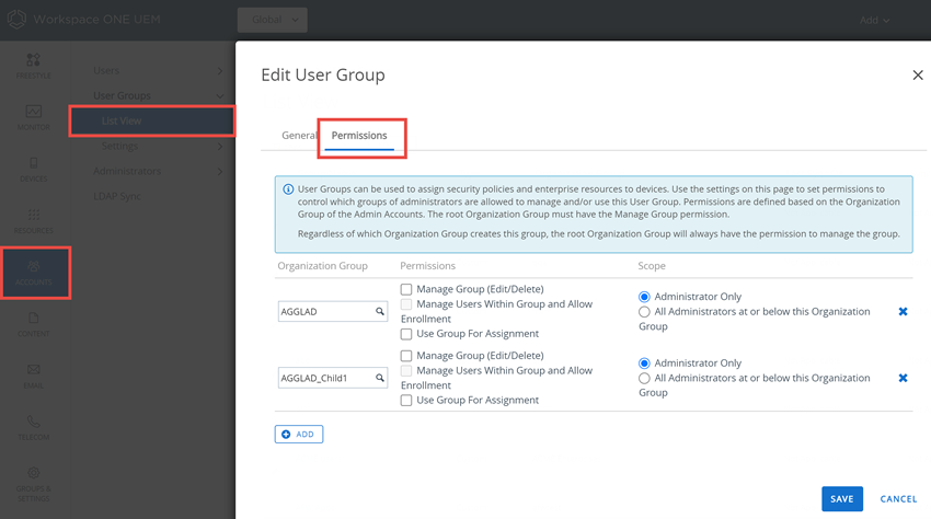 This screenshot shows the Edit User Group screen which enables you to change user group permissions.