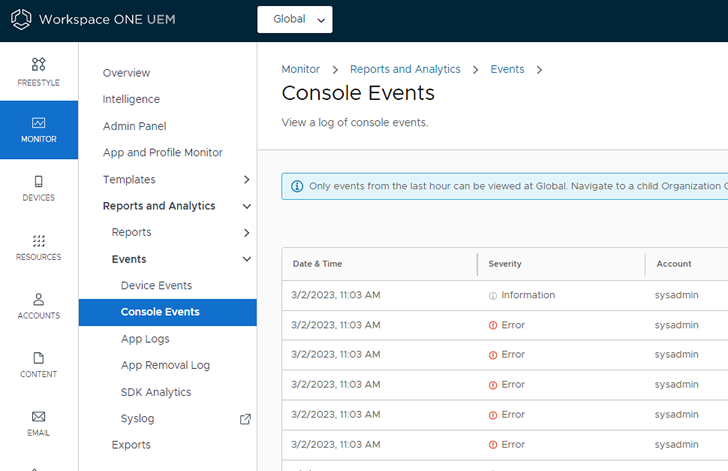 This screenshot displays the Console Events screen in the Monitor main menu. This screenshot displays the Console Events screen in the Monitor main menu.