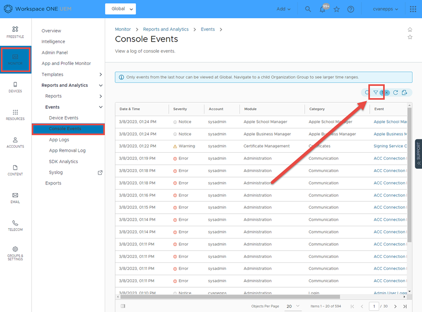 This screenshot shows the Console Events screen, which you can use to research and troubleshoot events that are logged by the console. This screenshot shows the Console Events screen, which you can use to research and troubleshoot events that are logged by the console.
