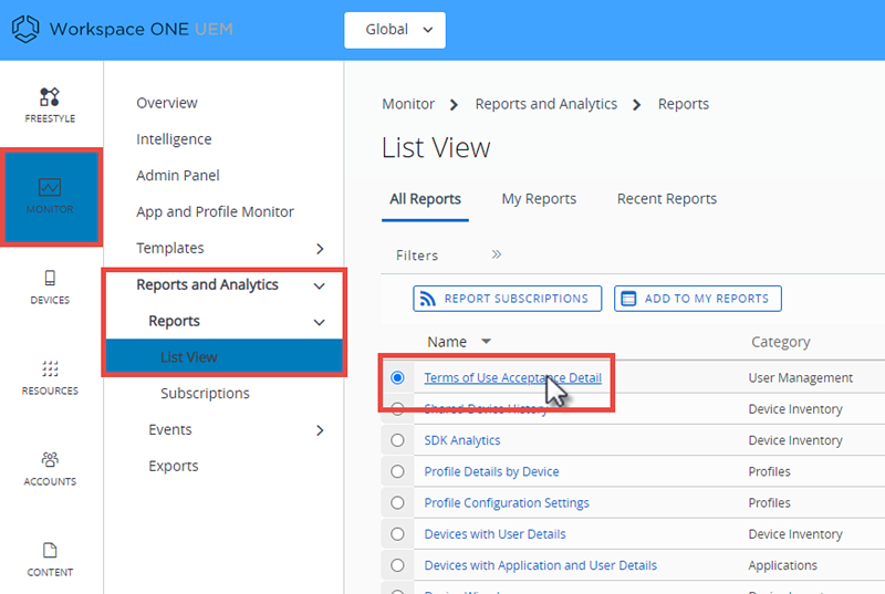 This screenshot shows the Monitor, Reports List View, which enables you to track which users have (and have not) accepted the TOU.