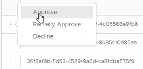 This partial screenshot shows the Approve, Partially Approve, Decline popup that displays when you select the vertical elipsis