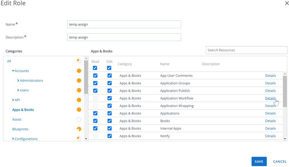 This screenshot is the Edit Role screen, allowing you to edit and view role details.