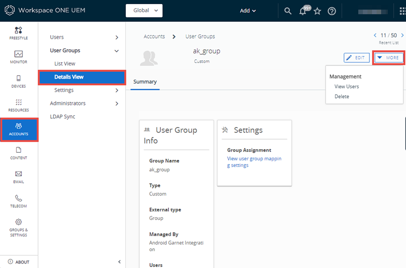 This screenshot shows the User Groups Details View, which you use to review user details.