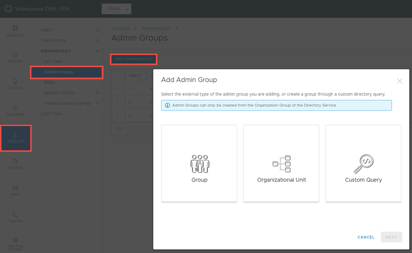 This screenshot shows the Admin Groups page which yu can use to add new admin groups.