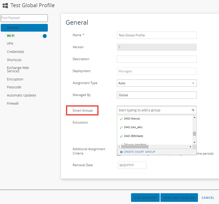 This screenshot shows the edit screen for device profiles, which you can use to select assignment groups including smart groups. This screenshot shows the edit screen for device profiles, which you can use to select assignment groups including smart groups.