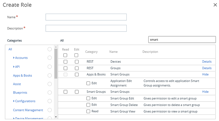 this screenshot shows the search results from the Create Role screen when you enter the keyword 'smart'
