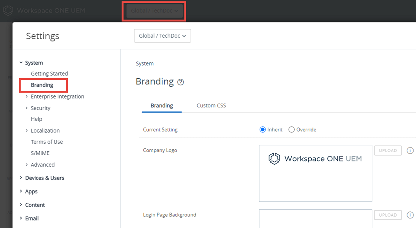 This screenshot shows the Branding system setting menu.