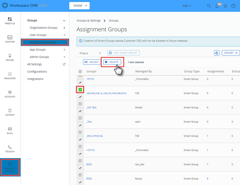 This screenshot shows the Assignment Groups list view, from which you can delete a smart group. This screenshot shows the Assignment Groups list view, from which you can delete a smart group.
