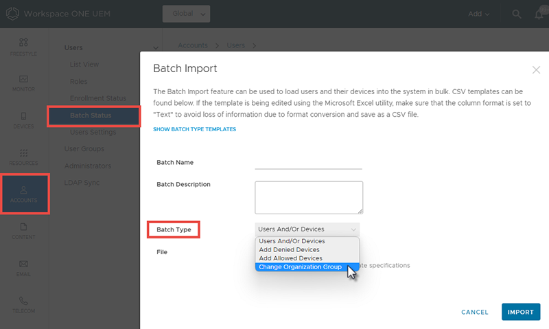 This screenshot shows the Batch Import screen, which you can use to move users from one OG to another OG.