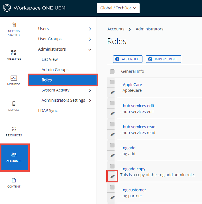 This screenshot shows the Accounts, Administrator Roles page with a role copy selected, ready to be edited and renamed.