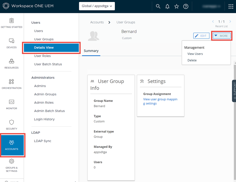This screenshot shows the User Groups Details View, which you use to review user details.