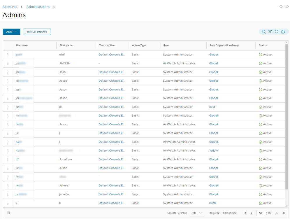 This screenshot displays the administrator account list view, which you can filter by role and status. You can sort the listing by clicking any of the column headers. From this page, you can add new accounts and import accounts in batches.