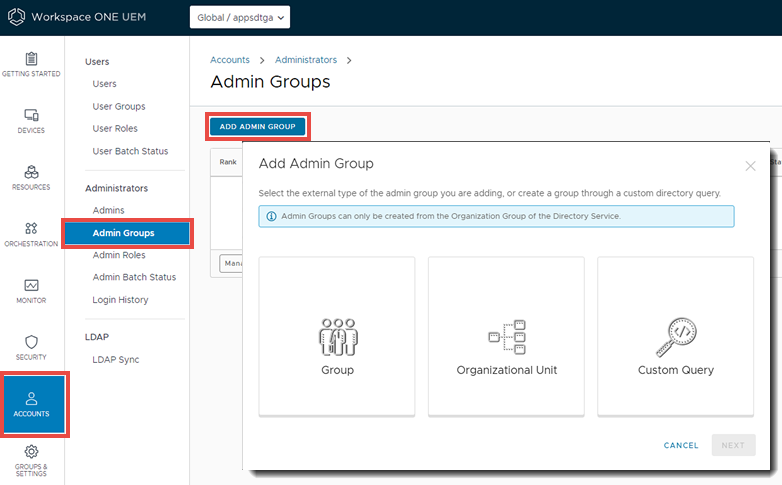 This screenshot displays the Admin Groups page which yu can use to add new admin groups.