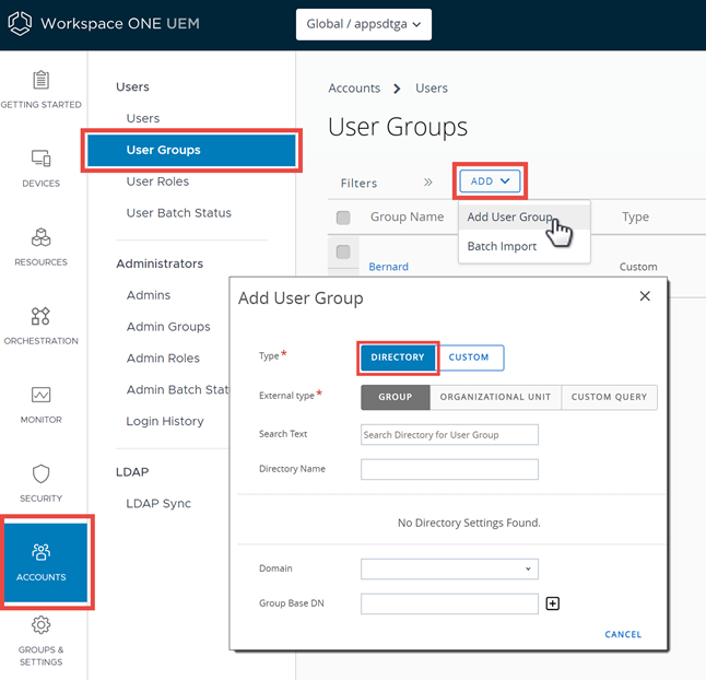 This screenshot shows the User Group List View, Add, which you use to add user groups with directory integration.