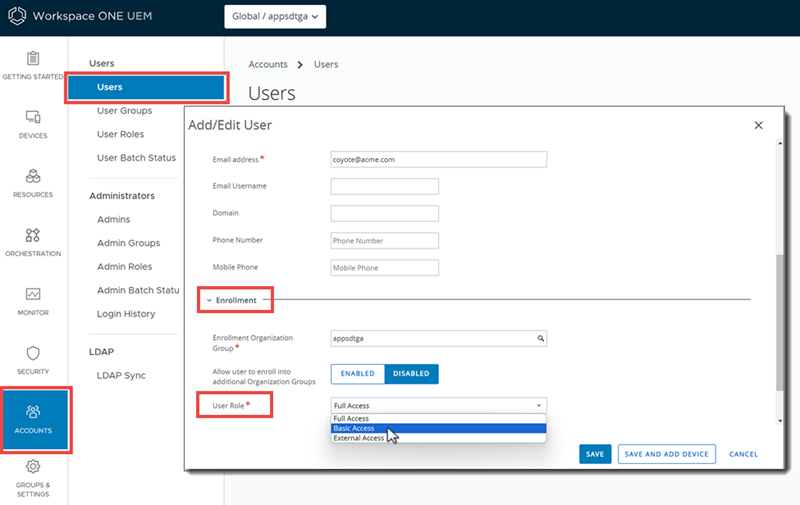 This screenshot shows the Add/Edit User page of the Accounts, Users, List view, which lets you assign and edit roles for existing users. This screenshot shows the Add/Edit User page of the Accounts, Users, List view, which lets you assign and edit roles for existing users.