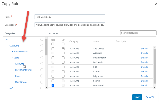 This screenshot shows the Copy Role screen with Accounts, Users, Accounts selected