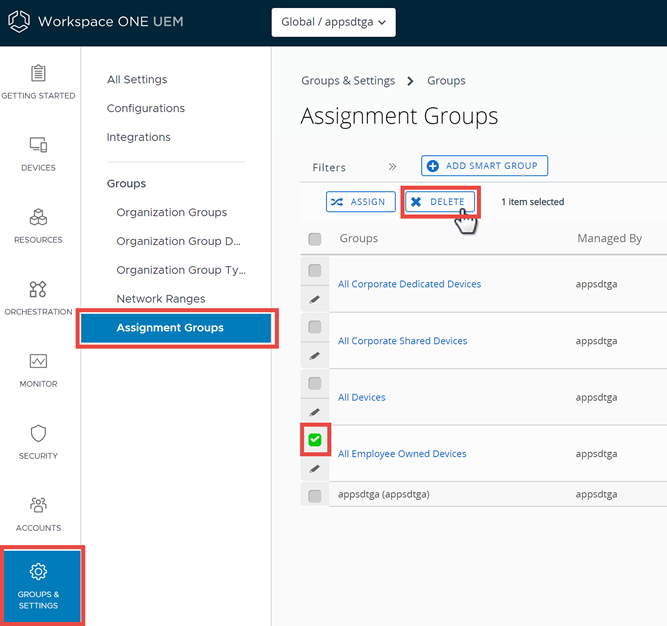 This screenshot shows the Assignment Groups list view, from which you can delete a smart group.